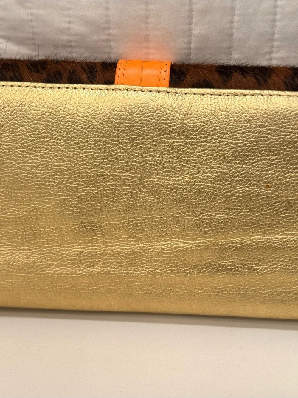 Rare Vintage Genuine Argentine Leather Leopard - print, Gold Clutch